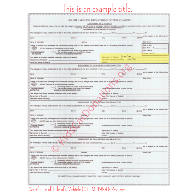 This is an Example of South Carolina Certificate of Title of a Vehicle (CT-1M, 1998) Reverse View | Kids Car Donations